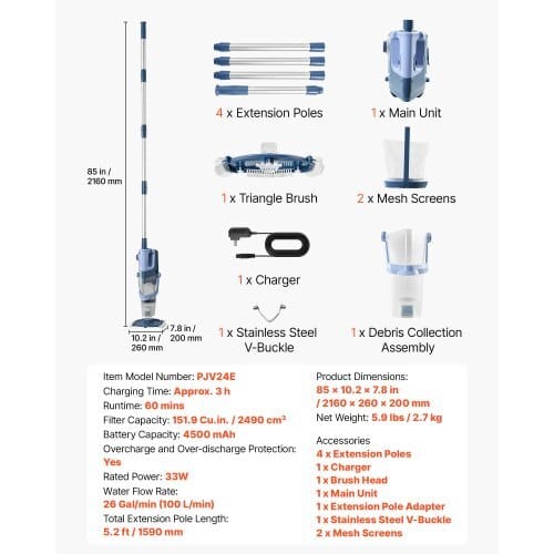 Handheld Pool Vacuum, 26 GPM Cordless Spa Hot Tub Vacuum with Extension Pole, 60 Mins Running Time, Powerful Suction for Leaves and Debris, Rechargeable Pool Cleaner for Above Ground Pools - Image 6