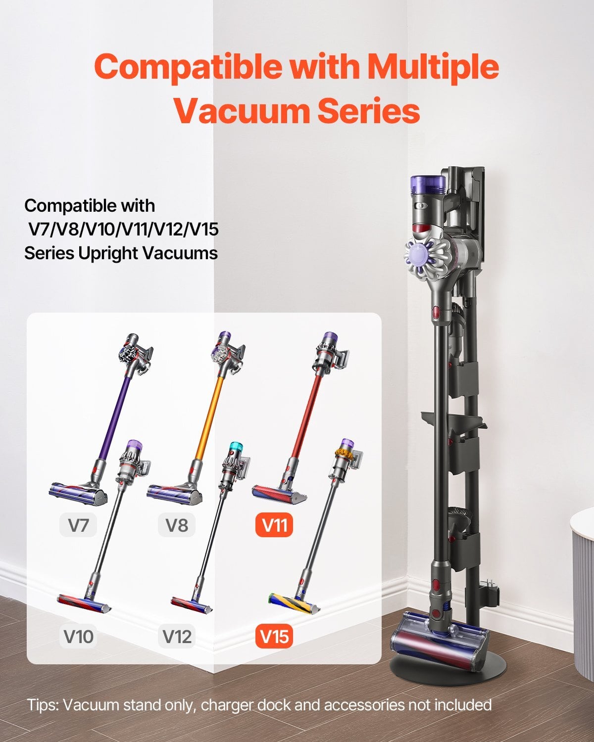 Vacuum Stand, Compatible With V7 V8 V10 V11 V12 V15 Series Upright Vacuum Cleaners & Accessories, Stable Vacuum Stand Holder with 4 Anti-slip Pads and 3 Clips for Storing 6 Brush Heads - Image 2