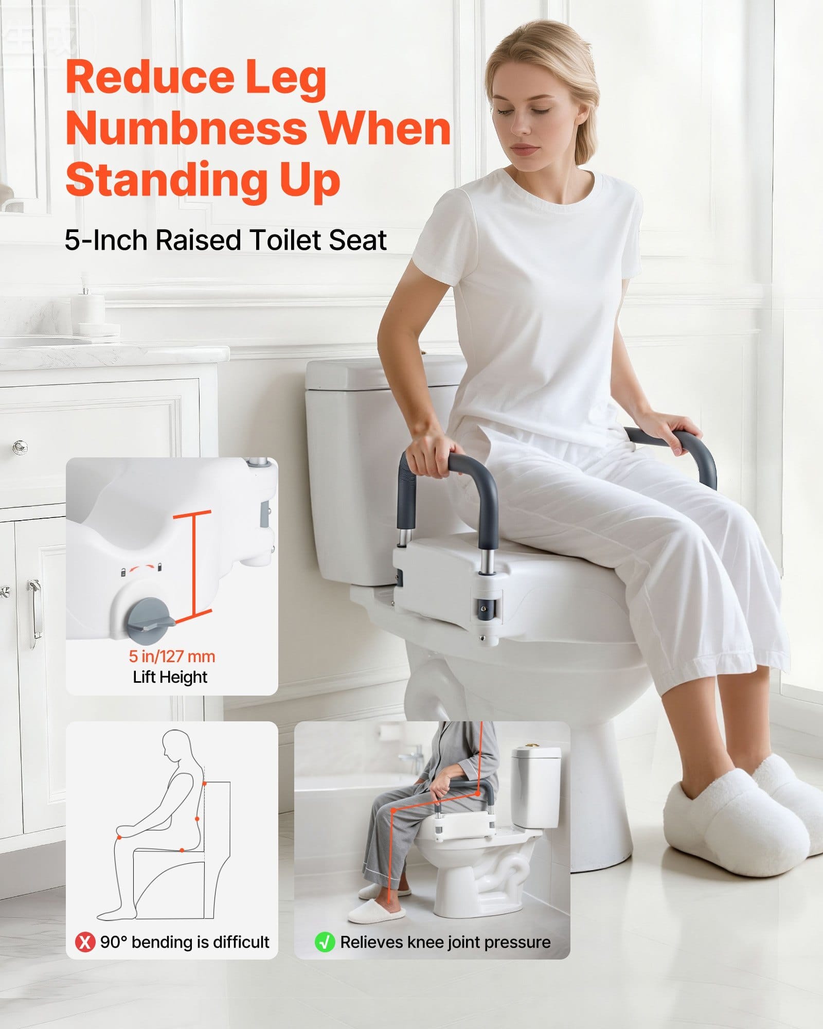 Raised Toilet Seat with Arms, 300 lbs Load Capacity, 5-Inch Lift Height, Widened Commode Elevated Toilet Seat Riser with Padded Handles for Seniors, Elderly, Handicap, Disabled, and Adults Use