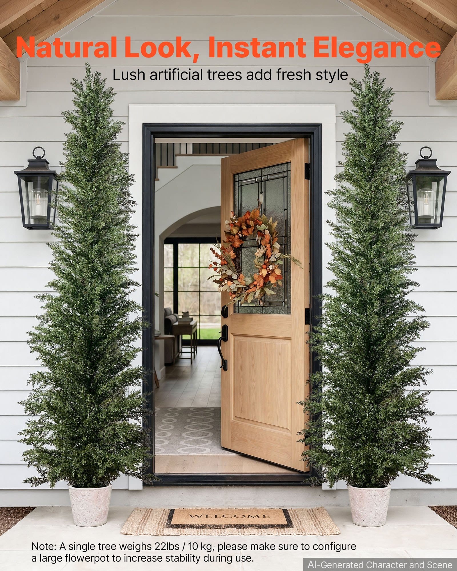 Artificial Topiary Cedar Tree 8 Ft Set of 2 with Pot Greenery Decor, Premium PE Fake Trees, Year-Round Indoor & Outdoor Faux Green Plant for Front Door, Entryway, Porch, Balcony, Patio, Garden
