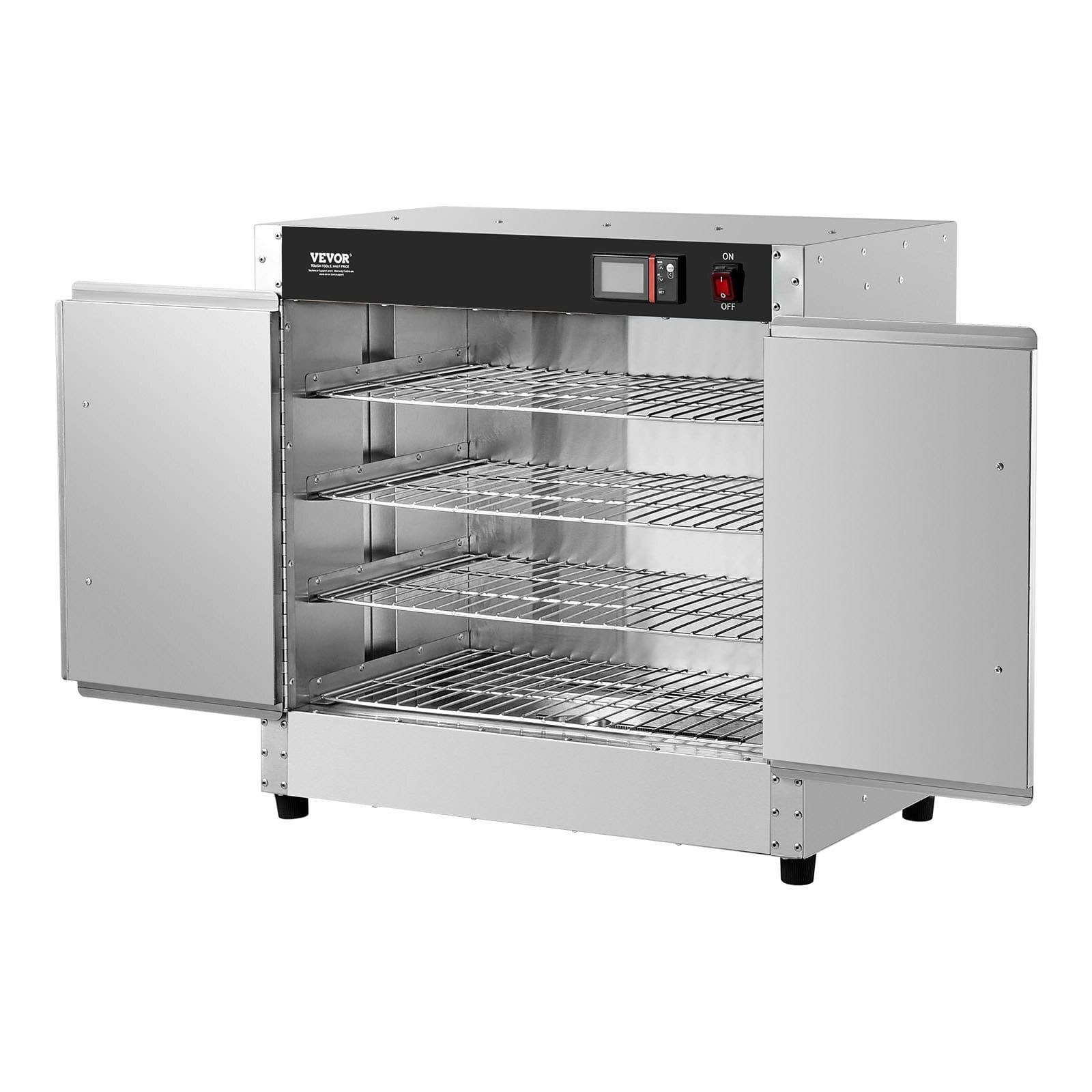 Hot Box Food Warmer, 4-Tier Concession Warmer with Water Tray, 4 Pans, Double-door and Adjustable Shelves, Stainless Steel Food Warmer Cabinet, Ideal for Storing Pizza, Chicken, Restaurant