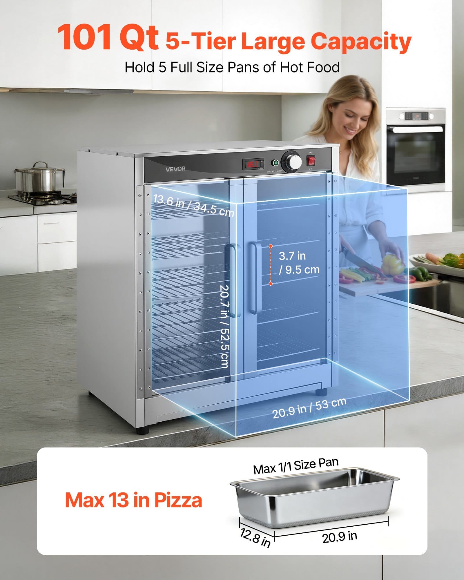 Electric Hot Box Food Warmer, 5-Tier Commercial Warming Cabinet with Water Tray, Double-Door and Adjustable Shelves, Stainless Steel Food Warmer Cabinet, for Restaurant, Kitchen, Pizza, Chicken