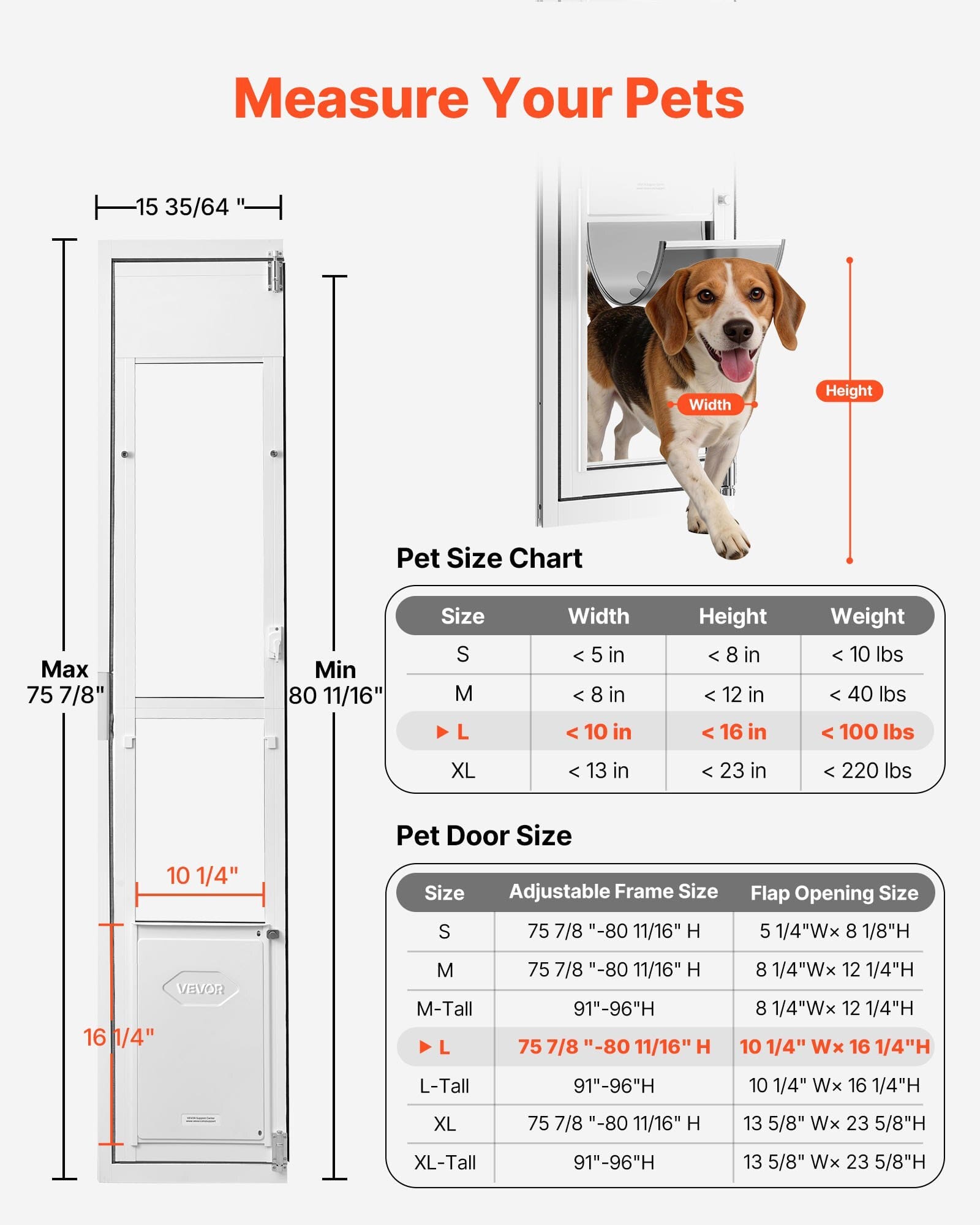 Dog Door for Sliding Glass Door, 75 7/8" to 80 11/16" Adjustable Height, Aluminum Alloy Frame with Flap, Lock Design, for Large-Sized Dogs, 180?&deg; Swing-Open Sliding Glass Pet Doors for Renters