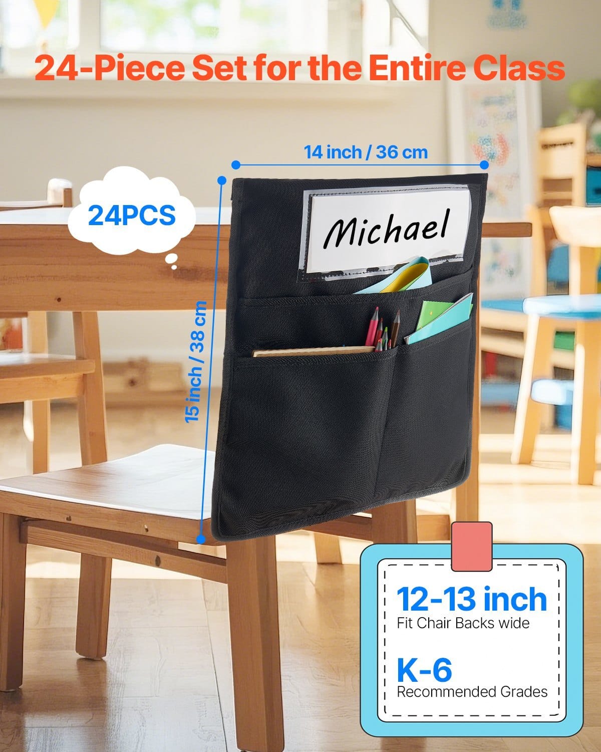 Chair Pockets for Classroom, 24 Pack, 14 x 15 Inches Chairback Buddy Pocket with Name Tag, Back of Chair Organizer for Kids in Classroom, Kindergarten, School, and Home, Black