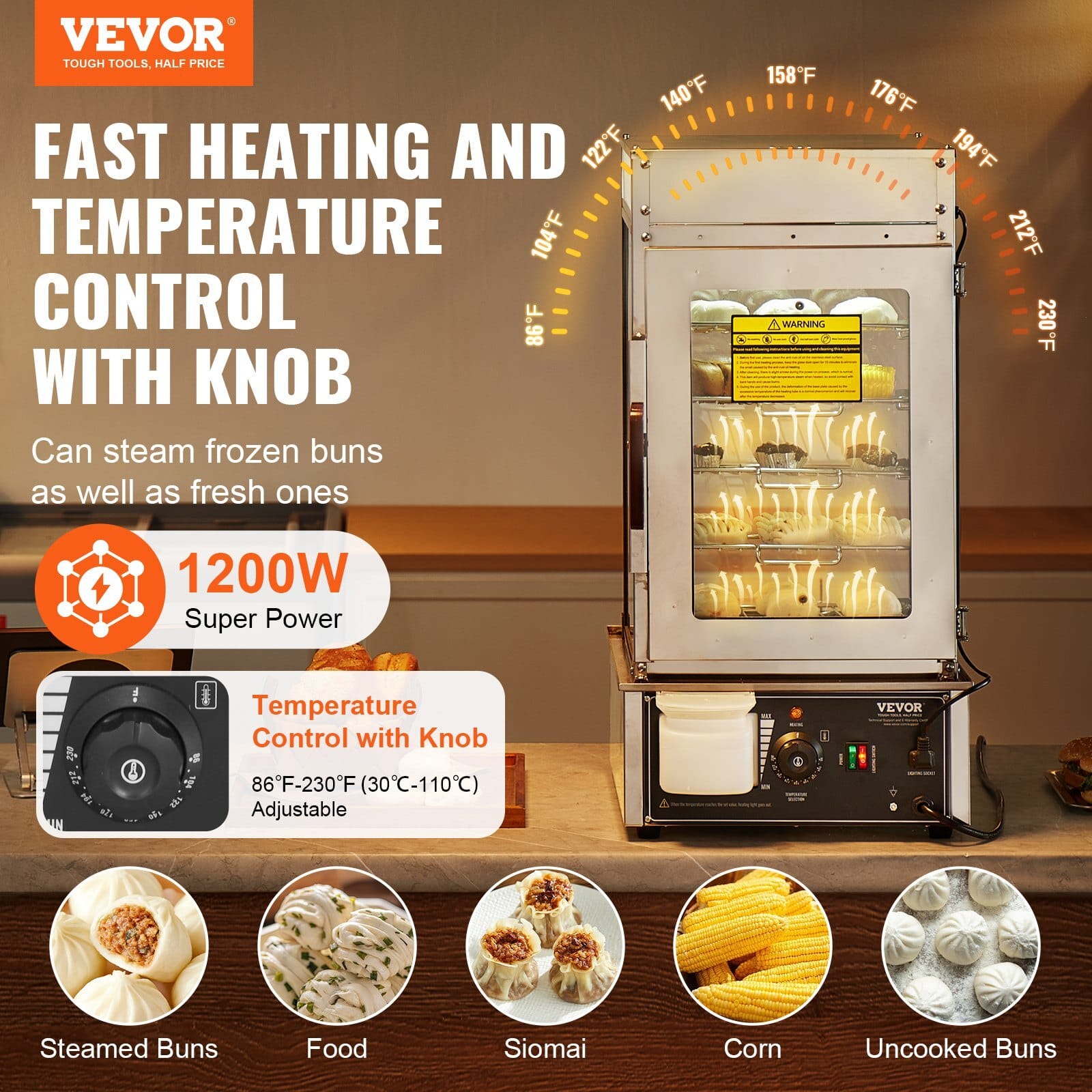 Commercial Food Warmer Display, 5-Tier Food Steamer Bun Warmer Machine, 86?„‰~230?„‰ Temperature Control, Stainless Steel Steamed Buns Warmer with LED, Steam Heating for Steamed Buns Siomai Corn - Image 2