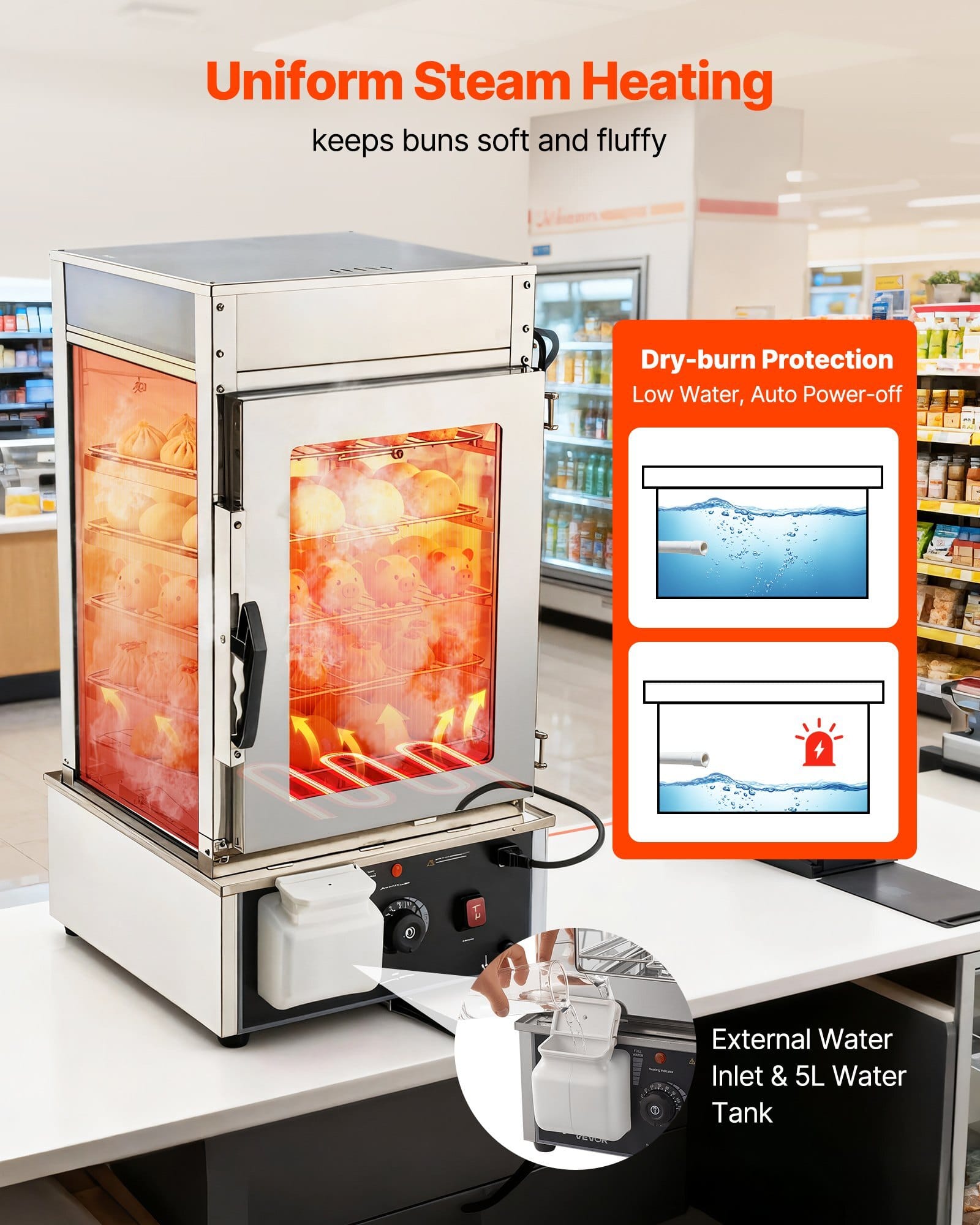 5-Tier Commercial Food Warmer Display, 1200W Food Display Warmer with LED Light, Adjustable Shelf & Stainless Steel Frame, 86?&bdquo;&permil;~230?&bdquo;&permil; Steam Heating, 120L for Hamburger, Pizza, Bread, Fried Chicken