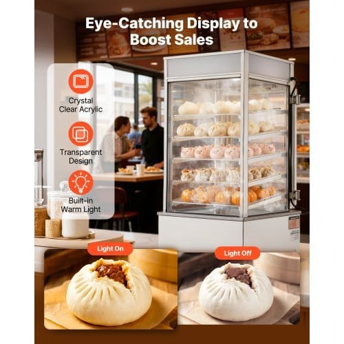 5-Tier Commercial Food Warmer Display, 1200W Food Display Warmer with LED Light, Adjustable Shelf & Stainless Steel Frame, 86?„‰~230?„‰ Steam Heating, 120L for Hamburger, Pizza, Bread, Fried Chicken - Image 3