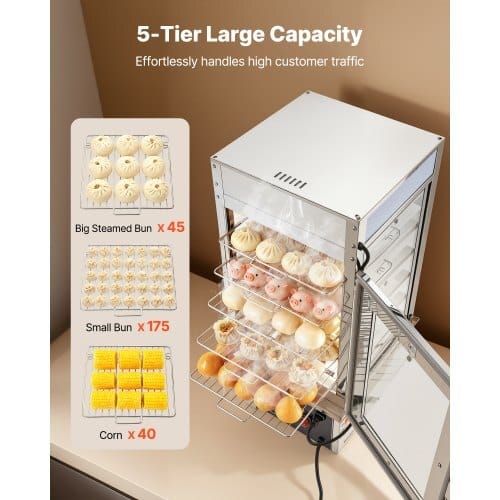 5-Tier Commercial Food Warmer Display, 1200W Food Display Warmer with LED Light, Adjustable Shelf & Stainless Steel Frame, 86?„‰~230?„‰ Steam Heating, 120L for Hamburger, Pizza, Bread, Fried Chicken - Image 4