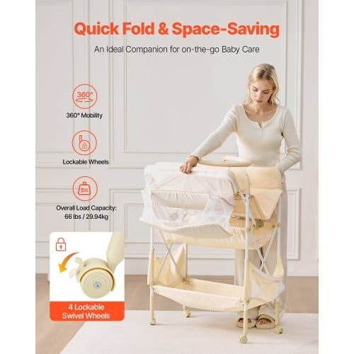 Baby Changing Table, Foldable Diaper Change Station with 2 Fabric Drawers, Side Basket & Hanging Rod, Adjustable Height Portable Changing Table with Lockable Wheels & 2 Star Toys, Light Beige - Image 2
