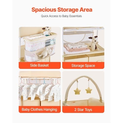 Baby Changing Table, Foldable Diaper Change Station with 2 Fabric Drawers, Side Basket & Hanging Rod, Adjustable Height Portable Changing Table with Lockable Wheels & 2 Star Toys, Light Beige - Image 3