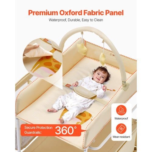 Baby Changing Table, Foldable Diaper Change Station with 2 Fabric Drawers, Side Basket & Hanging Rod, Adjustable Height Portable Changing Table with Lockable Wheels & 2 Star Toys, Light Beige - Image 4