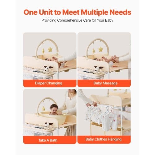 Baby Changing Table, Foldable Diaper Change Station with 2 Fabric Drawers, Side Basket & Hanging Rod, Adjustable Height Portable Changing Table with Lockable Wheels & 2 Star Toys, Light Beige - Image 5
