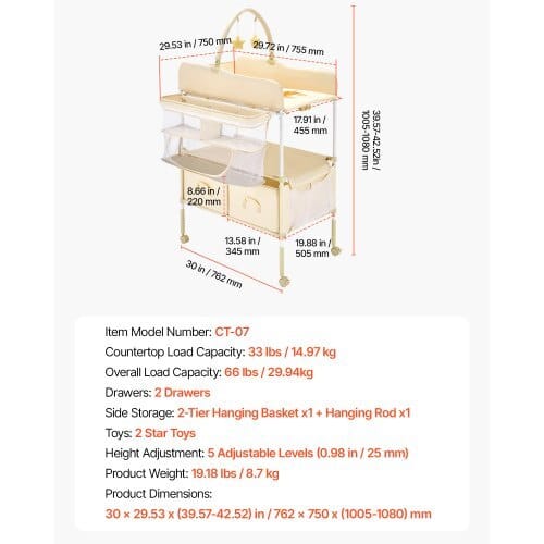 Baby Changing Table, Foldable Diaper Change Station with 2 Fabric Drawers, Side Basket & Hanging Rod, Adjustable Height Portable Changing Table with Lockable Wheels & 2 Star Toys, Light Beige - Image 6