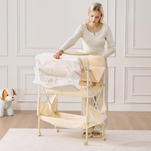 Baby Changing Table, Foldable Diaper Change Station with 2 Fabric Drawers, Side Basket & Hanging Rod, Adjustable Height Portable Changing Table with Lockable Wheels & 2 Star Toys, Light Beige - Image 7