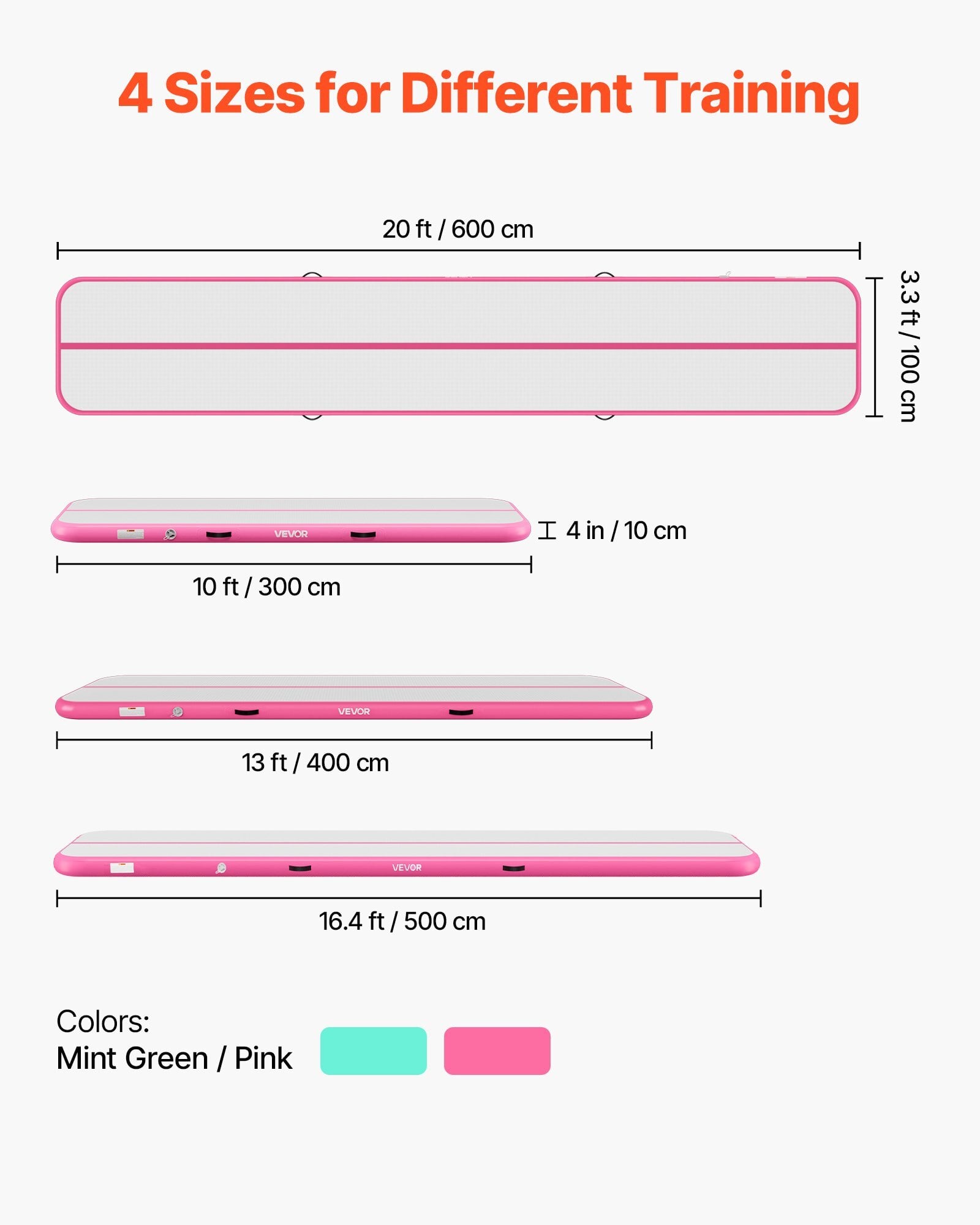Inflatable Gymnastics Air Mat 20 ft Training Mats w/ Electric Pump, 4 inches Thick Sturdy Tumble Track, Tumbling Mat for Home Use/Gym/Outdoor/Yoga/Cheerleading/Beach/Park/Water, Pink