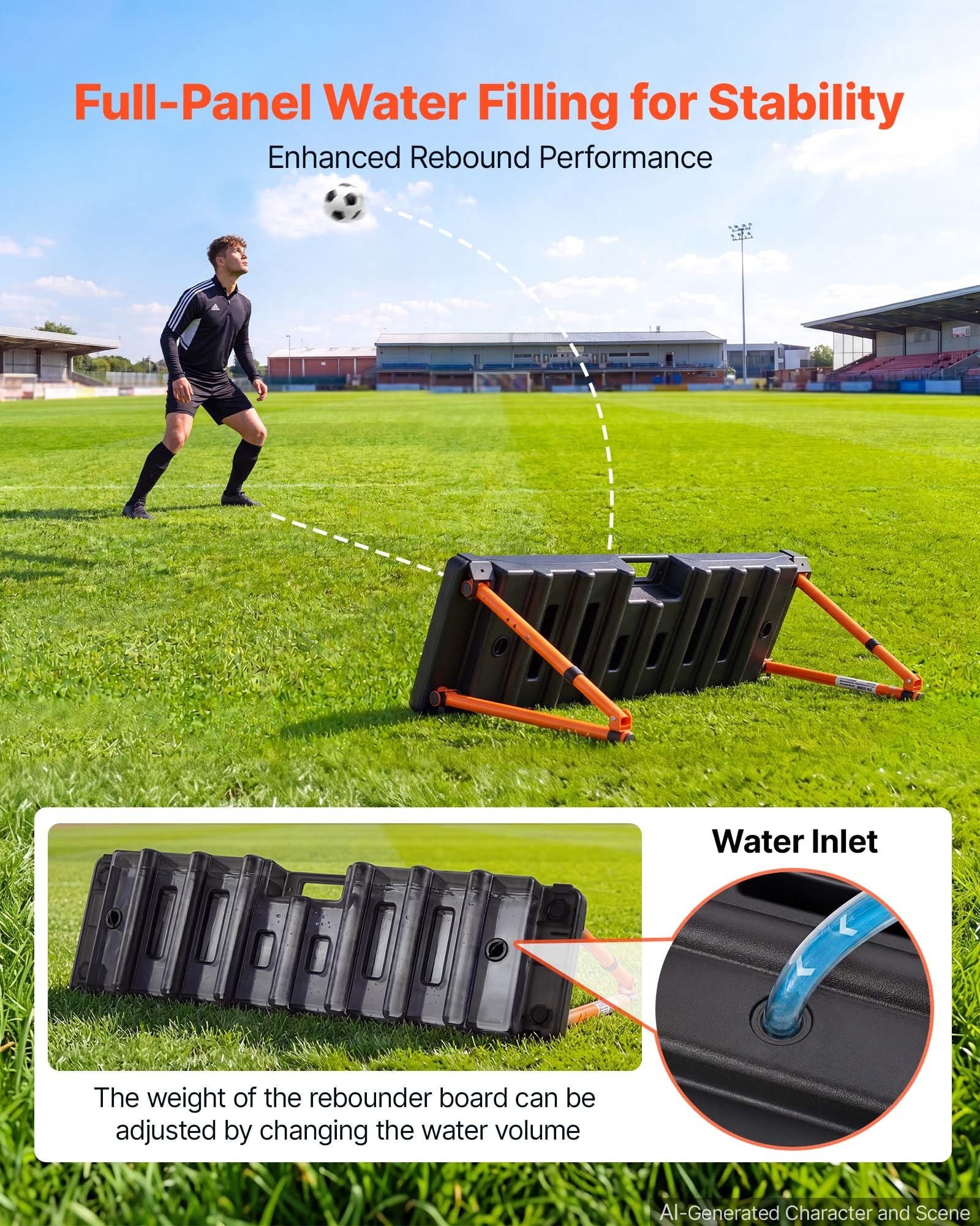 Soccer Rebounder Board, 37.4 x 9.8 in Dual-Sided Soccer Rebound Wall, 4 Adjustable Angles, Portable Water-Fillable PE Kickback Trainer, Ground Stakes for Kids Adults, Passing & Shooting Practice