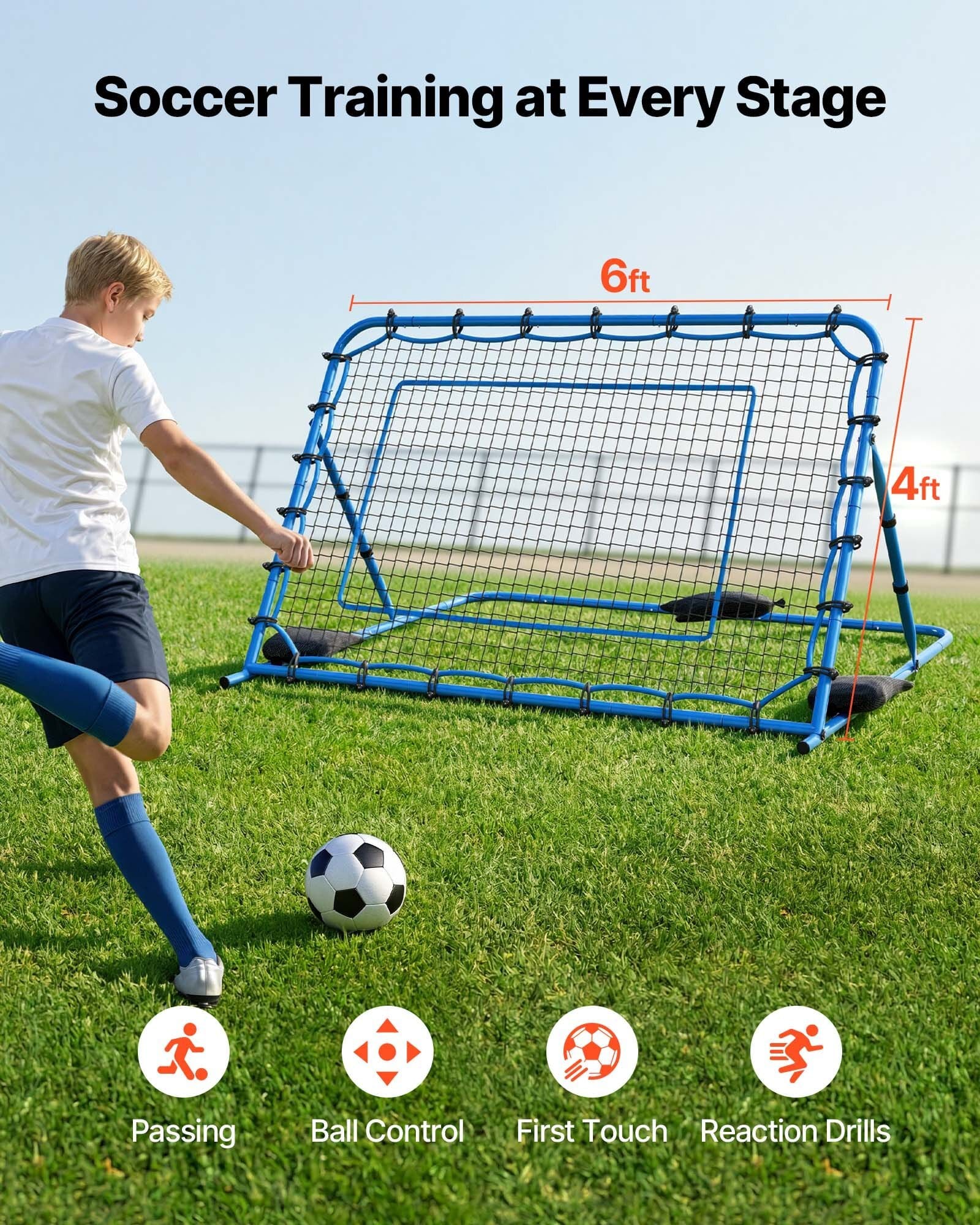 Soccer Rebounder Net, Quick-Switch Angle Soccer Goal Rebounder for Control, Passing Practice, Heavy-Duty Iron Frame & PE Net, Easy Setup Ball Training Aids & Equipment for Teens&Adults,6 x 4 ft