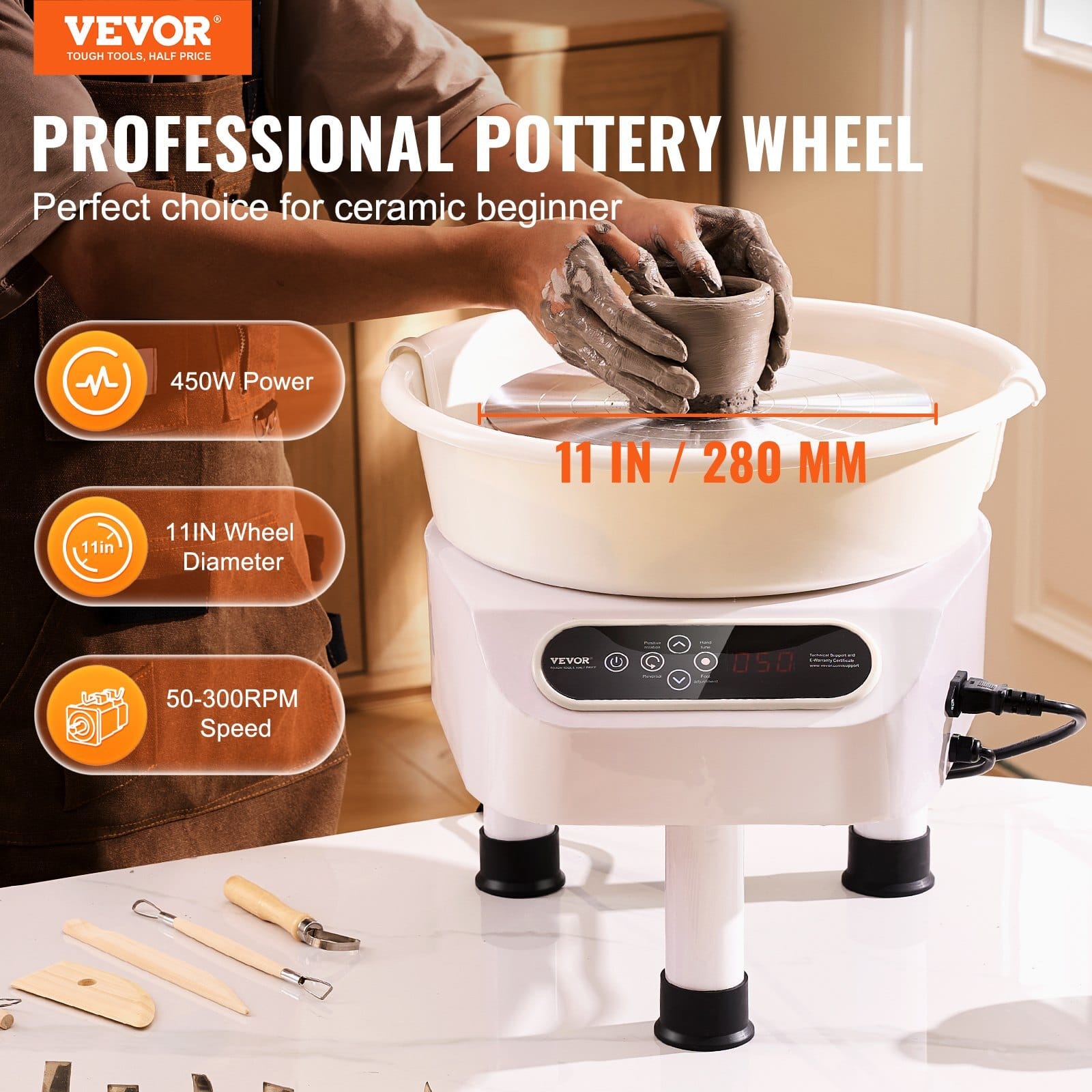 Pottery Wheel, 11 inch Pottery Forming Machine, 450W Electric Wheel for Pottery with Foot Pedal and LCD Touch Screen, Direct Drive Ceramic Wheel with 3 Support Legs for DIY Art Craft, White - Image 2
