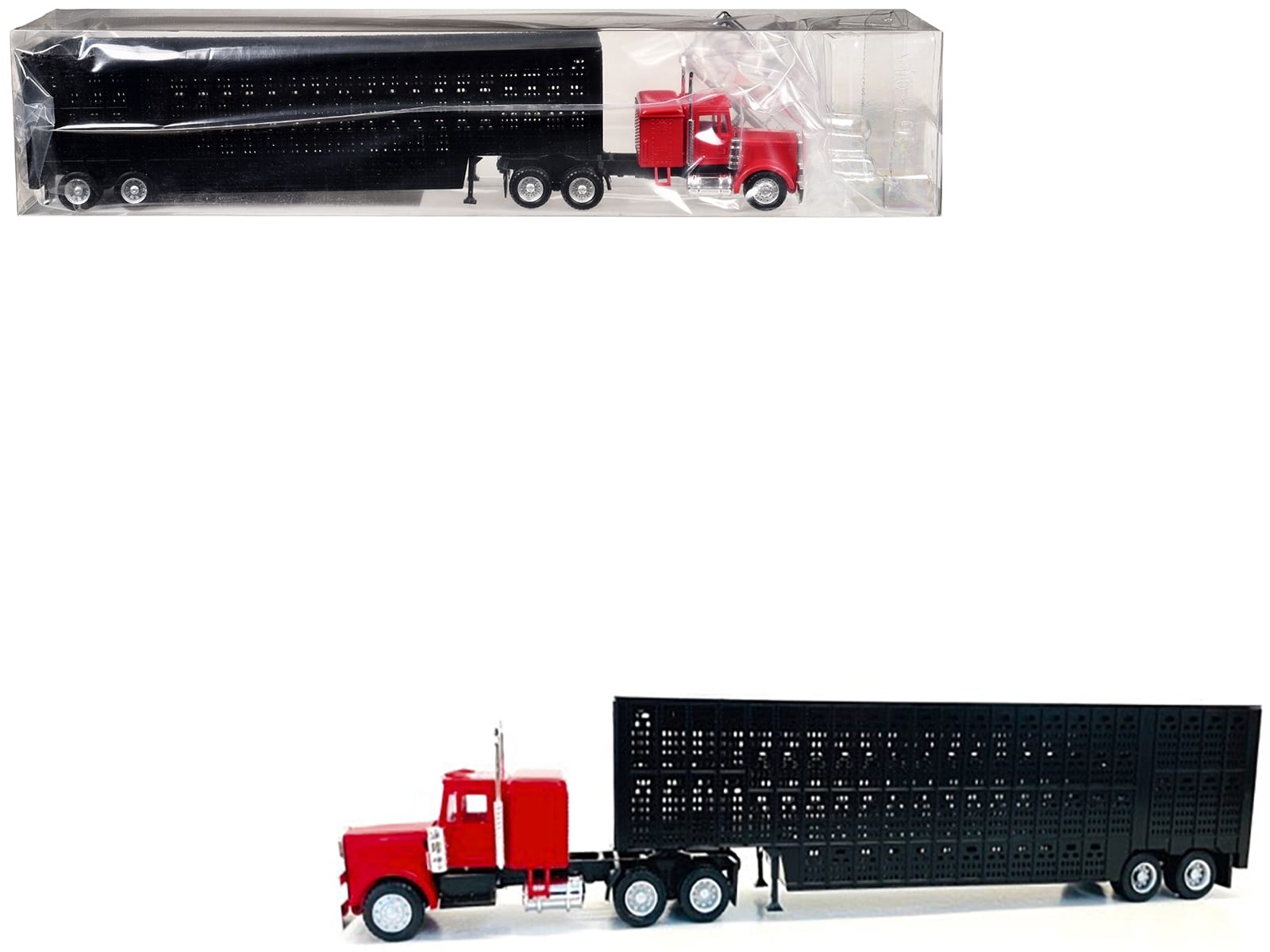 Peterbilt with Sleeper Cab Red with Black Livestock Trailer 1/87 (HO) Plastic Model Car by Promotex - Image 2