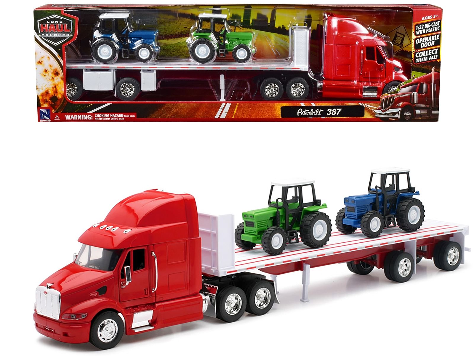 Peterbilt 387 Flatbed Truck Red with 2 Farm Tractors Blue and Green “Long Haul Trucker” Series 1/32 Diecast Model by New Ray