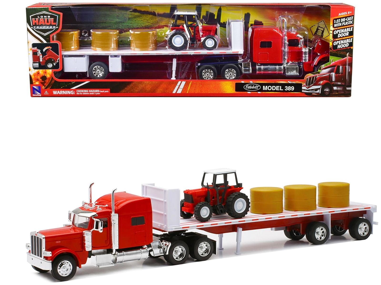 Peterbilt 389 Flatbed Truck Red with Farm Tractor Red and Hay Bales “Long Haul Trucker” Series 1/32 Diecast Model by New Ray