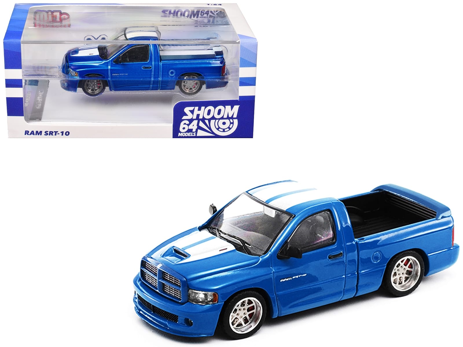 2003 Dodge Ram SRT-10 Pickup Truck Electric Blue Metallic with White Stripes 1/64 Diecast Model Car by Shoom64 Models