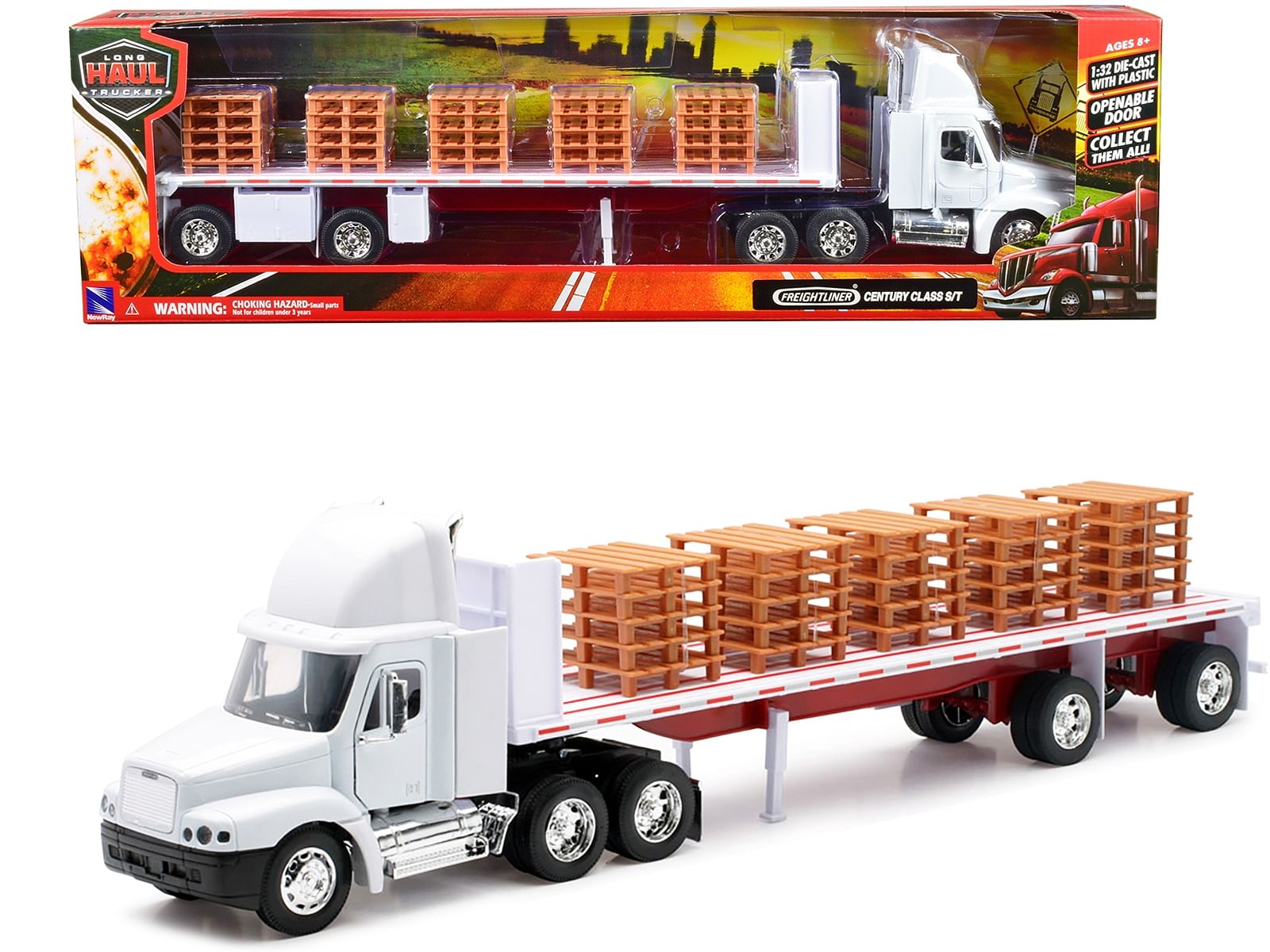 Freightliner Century Class S/T Flatbed Truck White with Pallet Accessories “Long Haul Trucker” Series 1/32 Diecast Model by New Ray