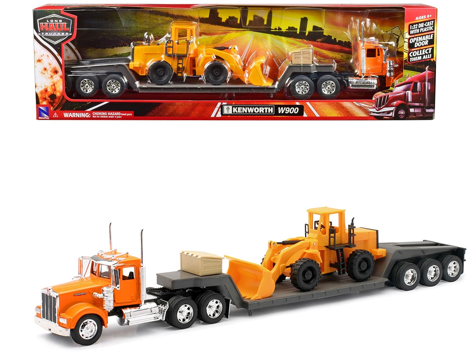 Kenworth W900 Truck with Lowboy Trailer Orange and Wheel Loader Yellow “Long Haul Trucker” Series 1/32 Diecast Model by New Ray