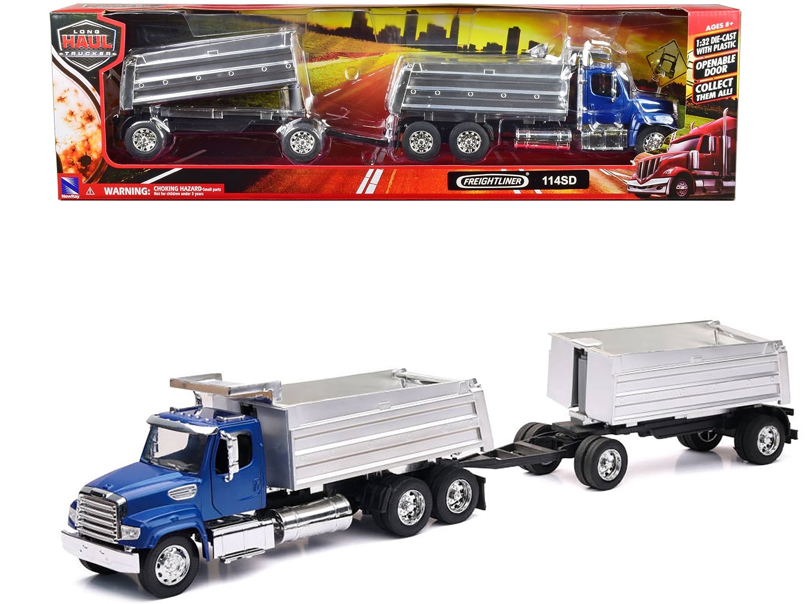 Freightliner 114SD Dump Truck with Twin Dump Body Blue “Long Haul Trucker” Series 1/32 Diecast Model by New Ray