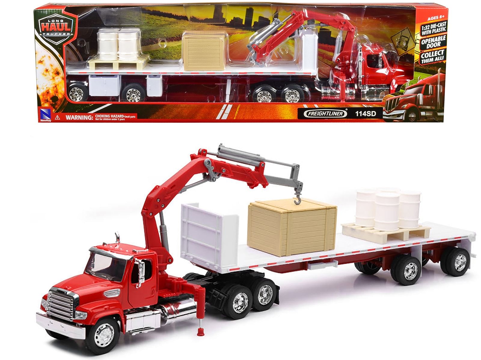 Freightliner 114SD Flatbed Truck with Crane Red with Accessories “Long Haul Trucker” Series 1/32 Diecast Model by New Ray