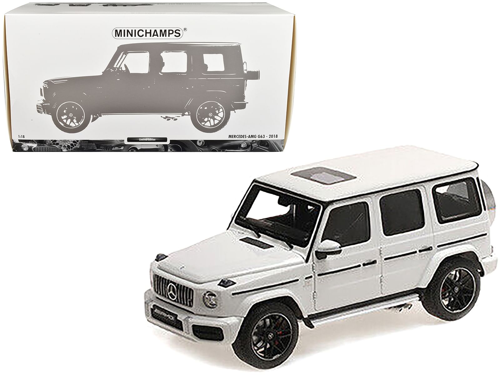 2018 Mercedes-Benz AMG G63 White with Sunroof 1/18 Diecast Model Car by Minichamps