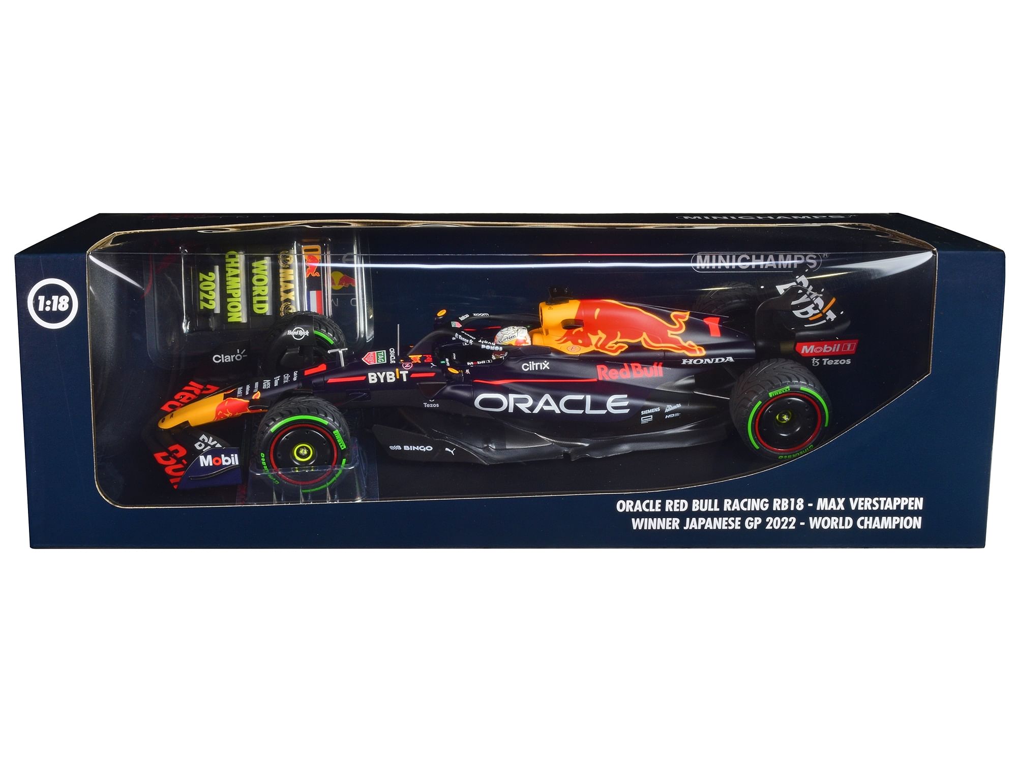 Red Bull Racing RB18 #1 Max Verstappen “Oracle” Winner F1 Formula One “Japanese GP” (2022) with Driver and World Champion Pit Board Limited Edition to 1602 pieces Worldwide 1/18 Diecast Model Car by Minichamps