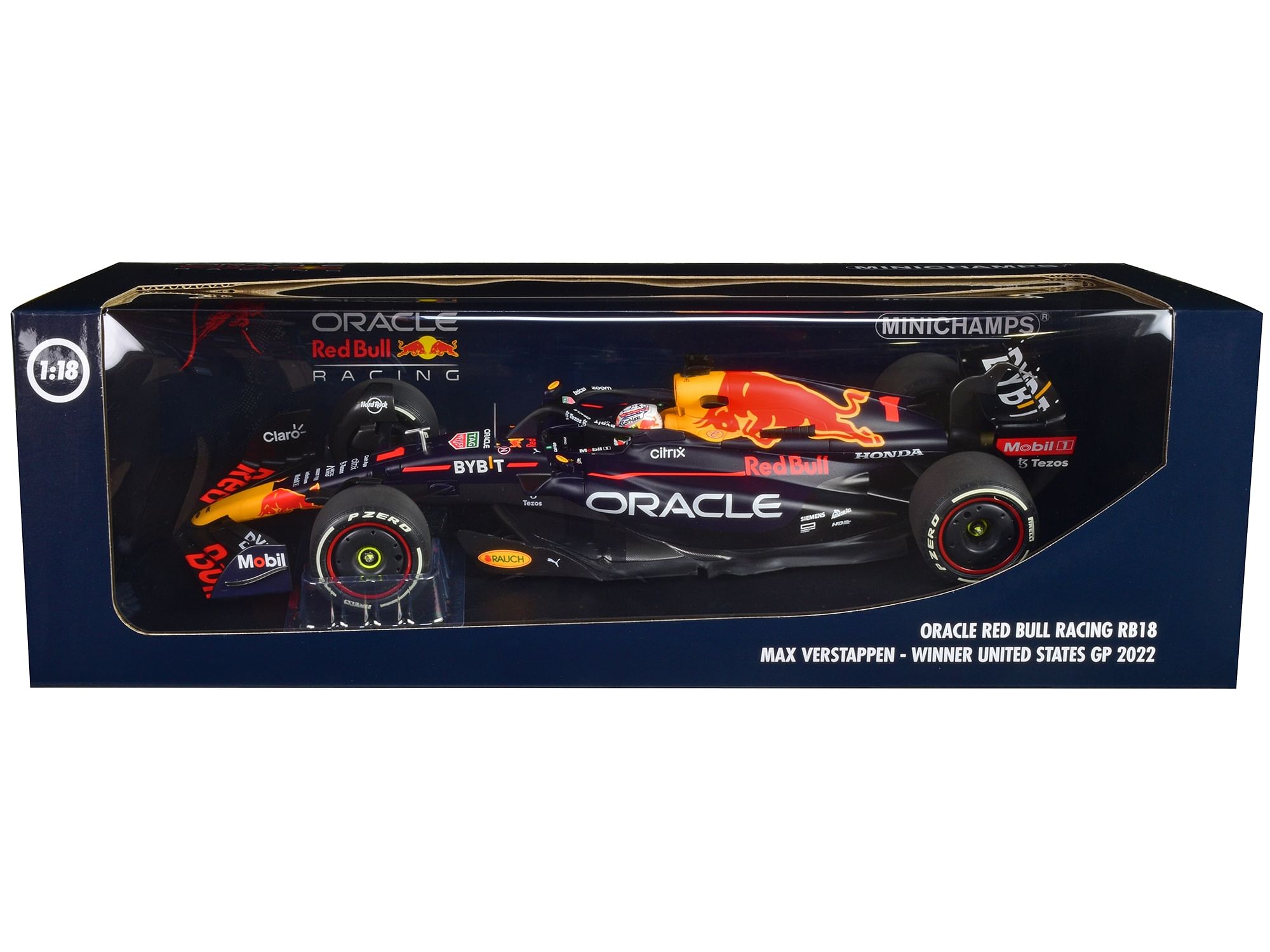 Red Bull Racing RB18 #1 Max Verstappen “Oracle” Winner F1 Formula One “United States GP” (2022) with Driver Limited Edition to 258 pieces Worldwide 1/18 Diecast Model Car by Minichamps