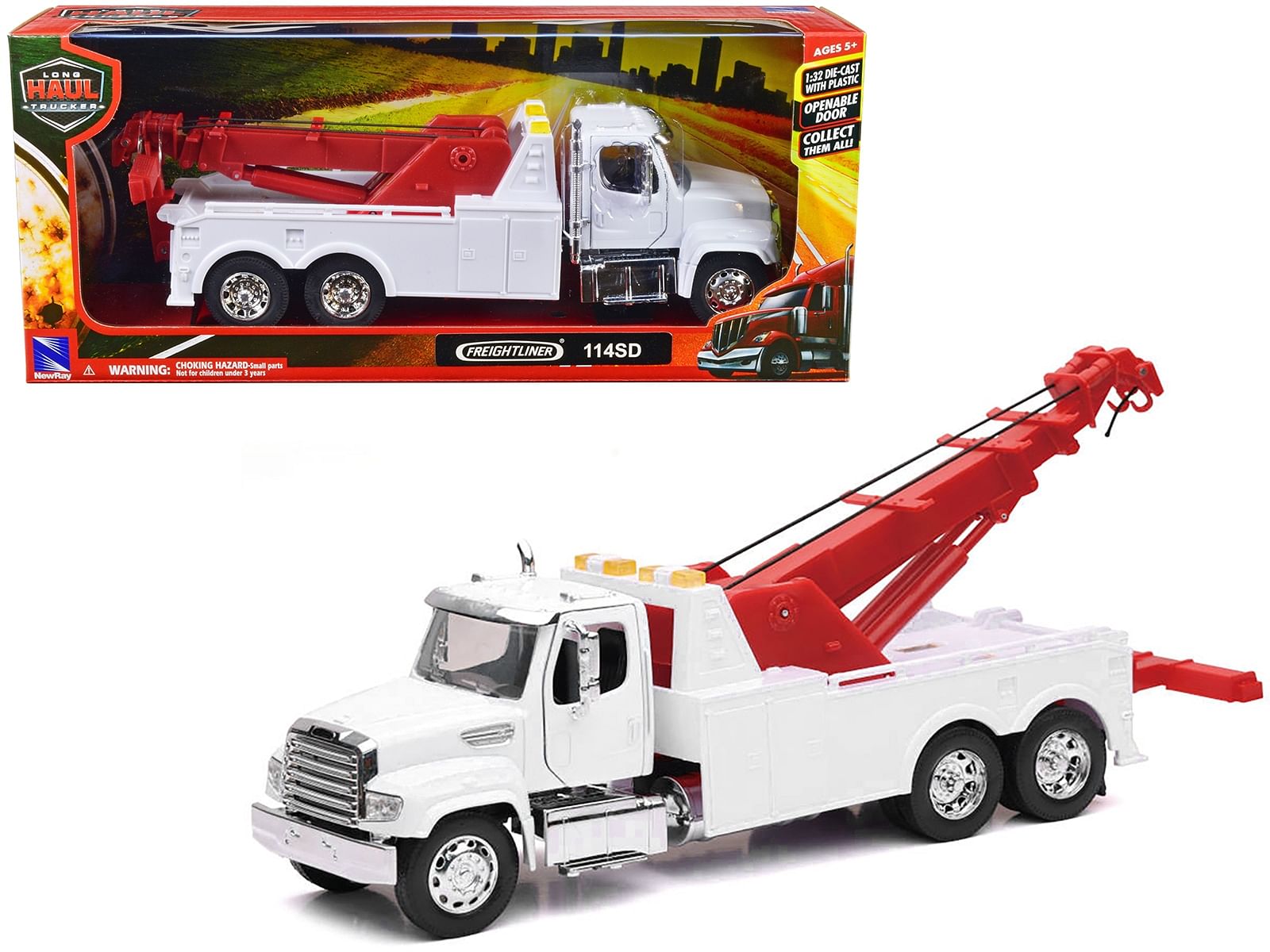 Freightliner 114SD Tow Truck White and Red “Long Haul Trucker” Series 1/32 Diecast Model by New Ray