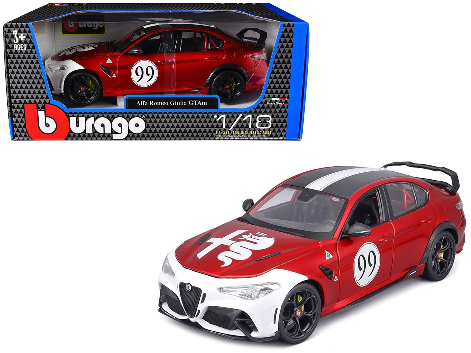 Alfa Romeo Giulia GTAm #99 Red Metallic with Black Top and White Graphics 1/18 Diecast Model Car by Bburago - Image 3