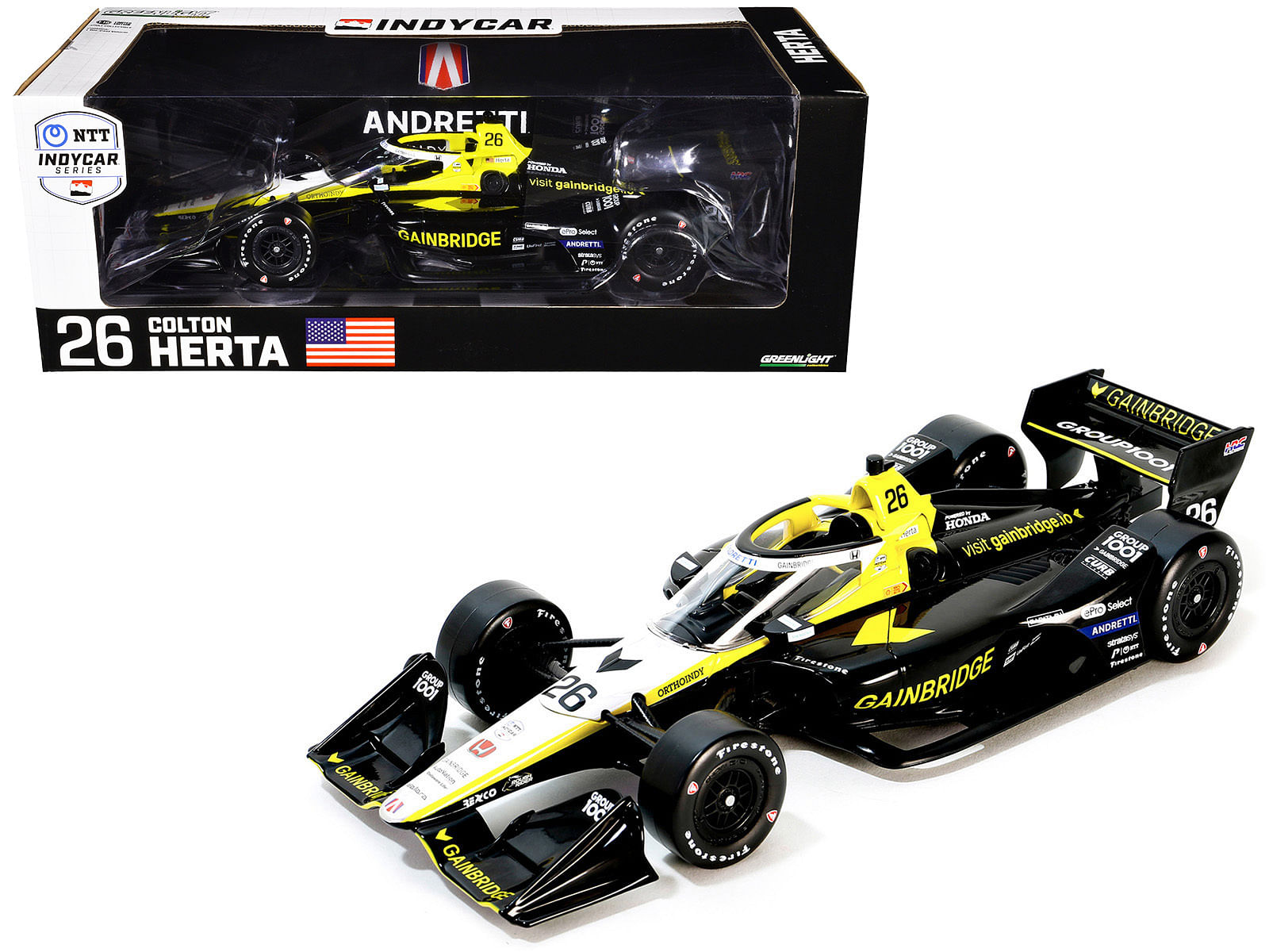 Dallara IndyCar #26 Colton Herta “Gainbridge” Andretti Autosport (Road Course Configuration) “NTT IndyCar Series” (2024) 1/18 Diecast Model Car by Greenlight