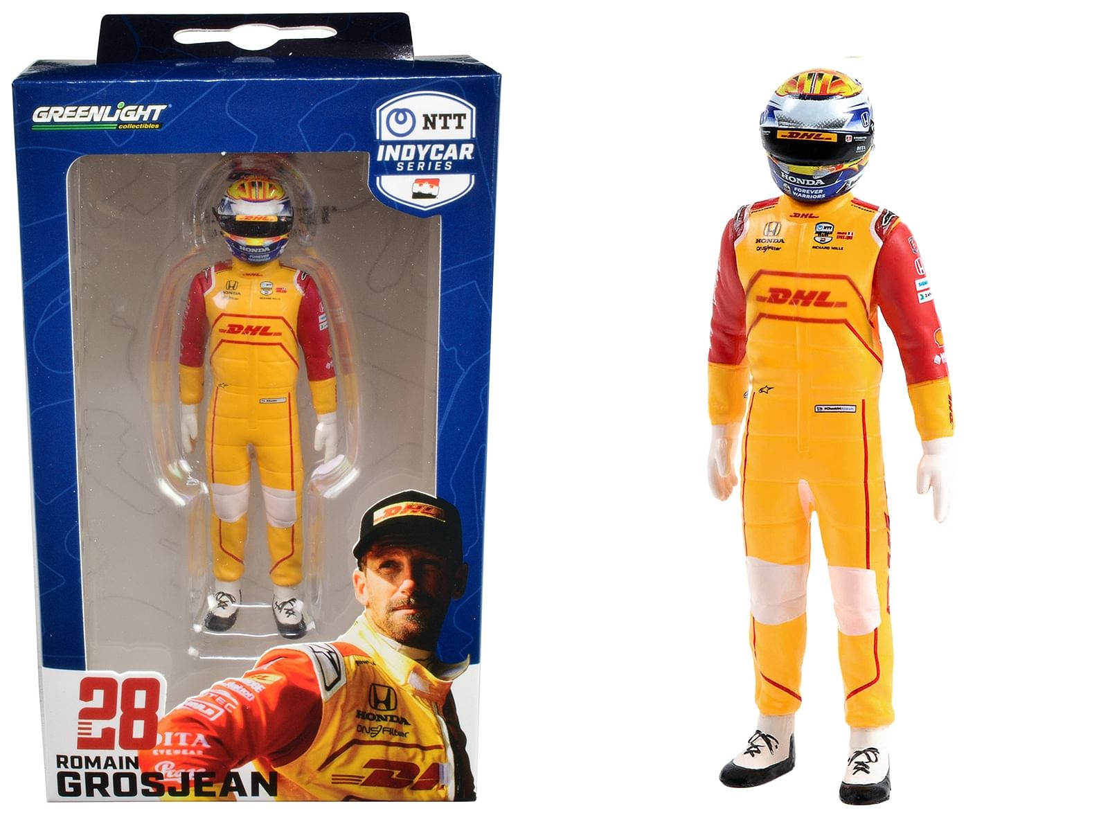 “NTT IndyCar Series” #28 Romain Grosjean Driver Figure “DHL – Andretti Autosport” for 1/18 Scale Models by Greenlight