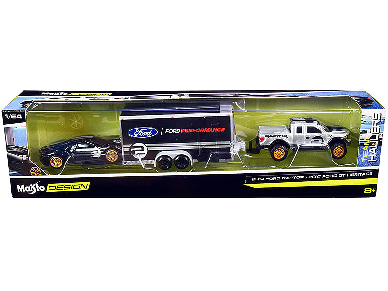 2010 Ford Raptor Pickup Truck Silver Metallic with 2017 Ford GT #2 Heritage Edition Black with Silver Stripes and Enclosed Car Trailer Black "Ford Performance" "Team Haulers" Series 1/64 Diecast Model Cars by Maisto