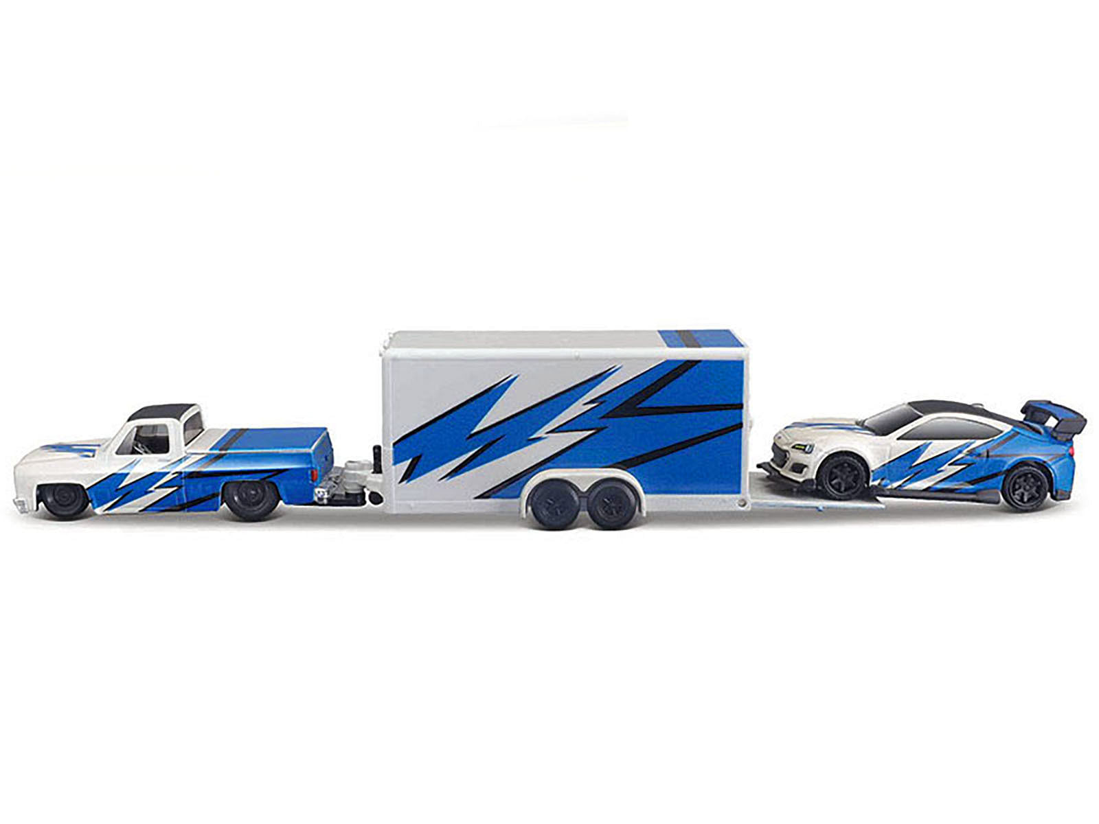 1987 Chevrolet 1500 Pickup Truck White with Blue Graphics and 2019 Subaru BRZ White with Blue Graphics with Enclosed Car Trailer “Team Haulers” Series 1/64 Diecast Model Car by Maisto