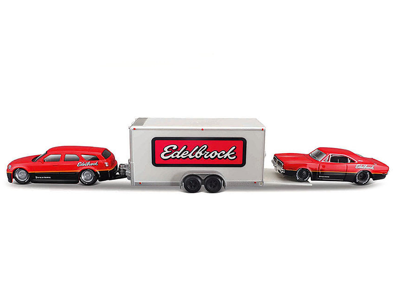 2006 Dodge Magnum R/T Red and Black and 1969 Dodge Charger R/T Red and Black with Enclosed Car Trailer “Edelbrock” “Team Haulers” Series 1/64 Diecast Model Car by Maisto