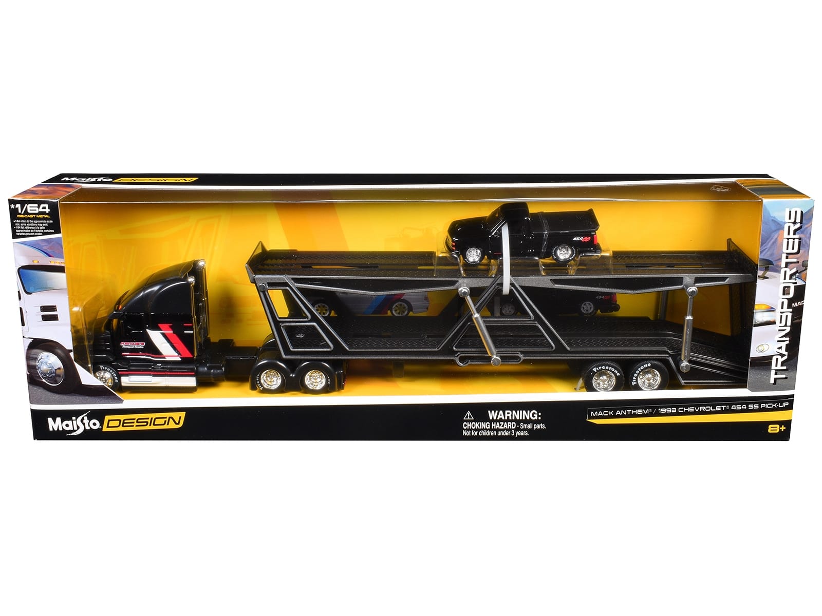 Mack Anthem Open Car Hauler Black with Red and White Stripes "Kenzie's Transport Services" and 1993 Chevrolet 454 SS Pickup Truck Black "Transporters" Series 1/64 Diecast Models by Maisto - Image 2
