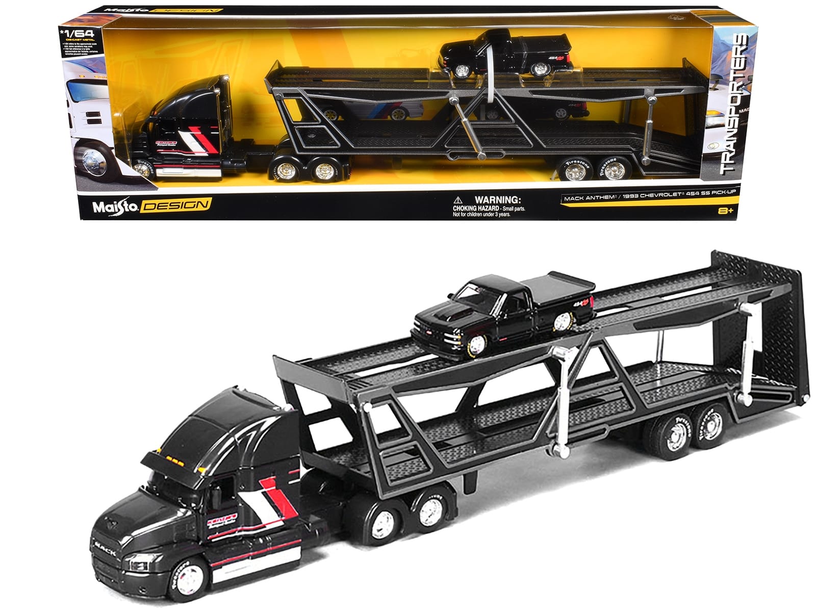 Mack Anthem Open Car Hauler Black with Red and White Stripes "Kenzie's Transport Services" and 1993 Chevrolet 454 SS Pickup Truck Black "Transporters" Series 1/64 Diecast Models by Maisto - Image 3
