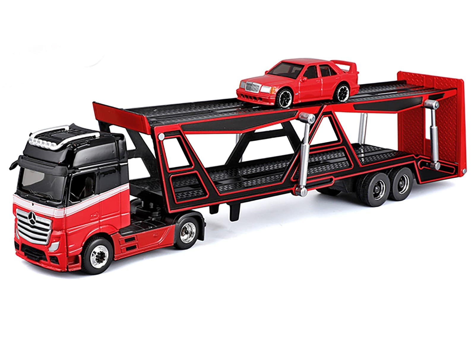 Mercedes-Benz Actros Open Car Hauler Red and Black with White Stripes and 1990 Mercedes-Benz 190E Red "Transporters" Series 1/64 Diecast Models by Maisto - Image 2