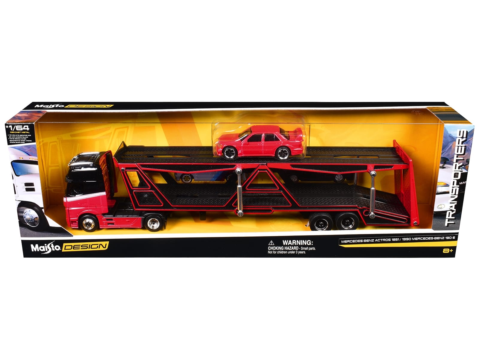 Mercedes-Benz Actros Open Car Hauler Red and Black with White Stripes and 1990 Mercedes-Benz 190E Red "Transporters" Series 1/64 Diecast Models by Maisto - Image 3