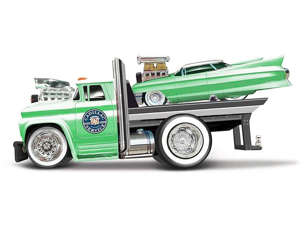 1966 Chevrolet C60 Flatbed Truck Green Metallic with White Top “Cadillac Service” and 1961 Cadillac Coupe Green Metallic with White Top “Muscle Transports” Series 1/64 Diecast Models by Muscle Machines