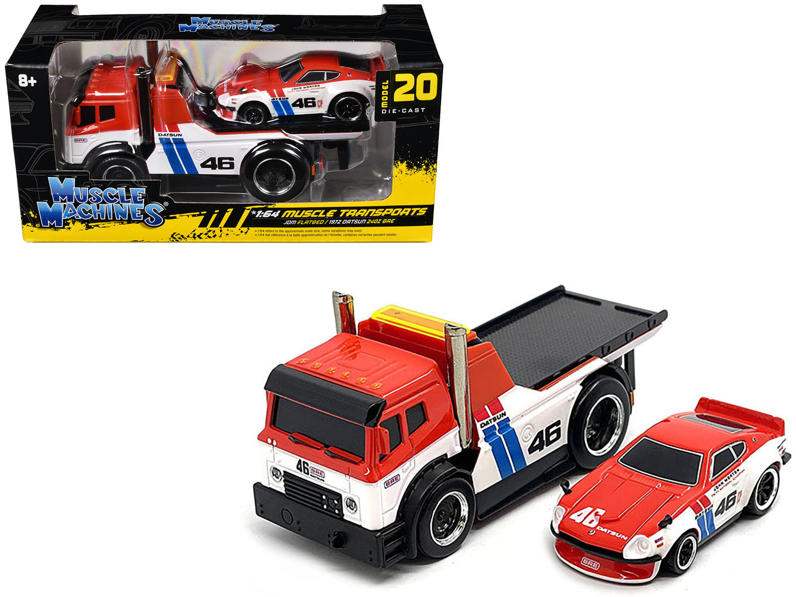 JDM Flatbed Truck #46 Red and White with Blue Stripes and 1972 Datsun 240Z #46 Red and White with Blue Stripes "BRE" "Muscle Transports" Series 1/64 Diecast Models by Muscle Machines - Image 2