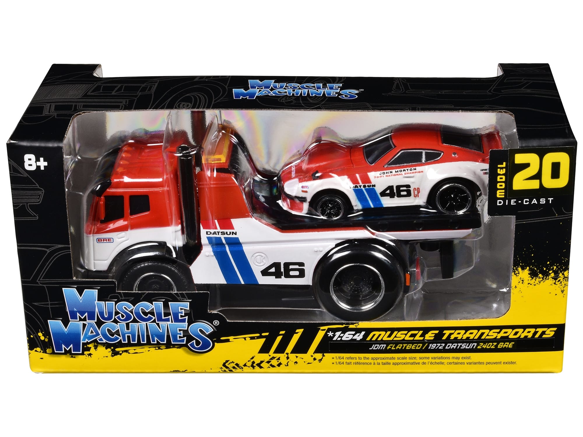 JDM Flatbed Truck #46 Red and White with Blue Stripes and 1972 Datsun 240Z #46 Red and White with Blue Stripes "BRE" "Muscle Transports" Series 1/64 Diecast Models by Muscle Machines - Image 3