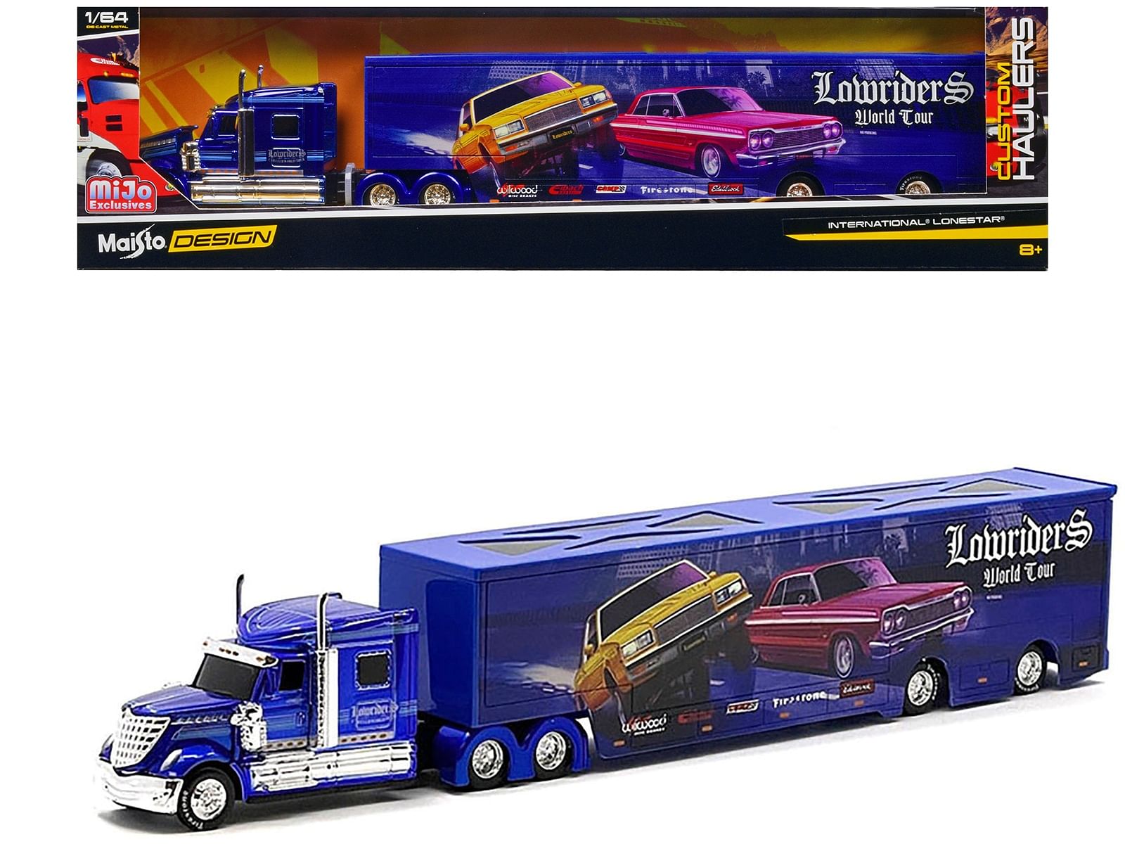 International LoneStar Enclosed Car Transporter “Lowriders World Tour” Candy Blue with Graphics “Custom Haulers” Series 1/64 Diecast Model by Maisto