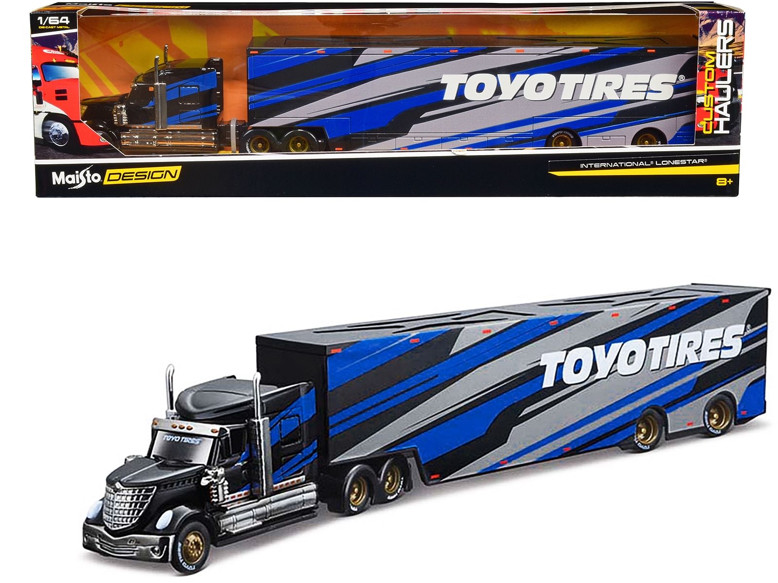 International LoneStar Enclosed Car Transporter “Toyo Tires” Black with Blue and Gray Stripes “Custom Haulers” Series 1/64 Diecast Model by Maisto