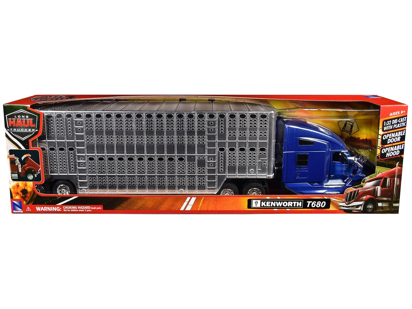 Kenworth T680 Truck Blue Metallic with Livestock Trailer Chrome "Long Haul Trucker" Series 1/32 Diecast Model by New Ray - Image 2